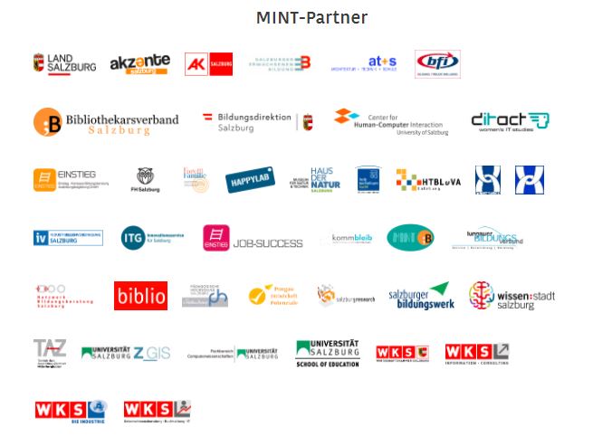 Auflistung von 41 Logos der unterschiedlichen MINT Partner in Salzburg