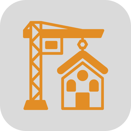 Icon mit einem Turmdrehkran und einem Haus - symbolisiert Bau- und Baunebenberufe und wird auf der Bau-Jobs Branchenseite der Jobbörse Salzburg eingesetzt