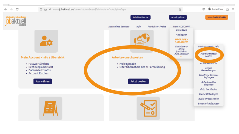 Screenshot, der zeigt wie man auf der regionalen Salzburger Online-Jobbörse Jobaktuell als registrierte:r Arbeitssuchende:r einen Arbeitswunsch posten kann