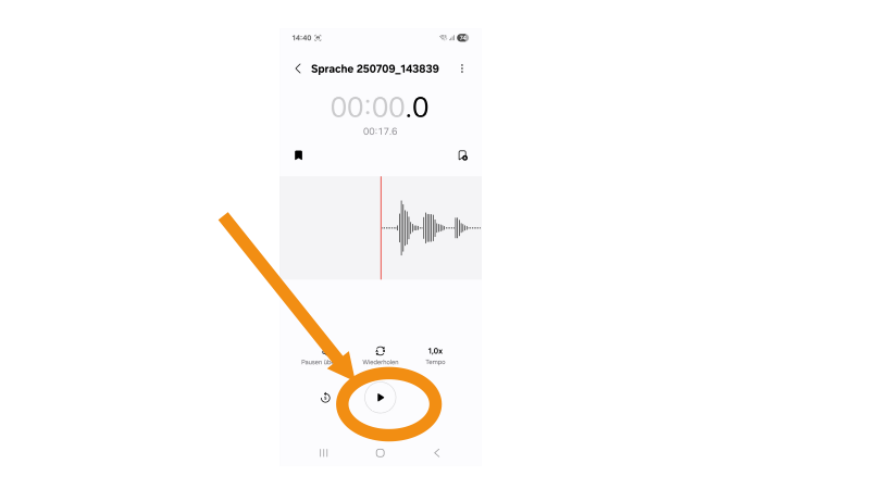Screenshot einer Samsung Smartphone Audio Aufnahme, die gerade gestartet wird. Findet Verwendung im Support Artikel zu Audio Aufnahmen für Arbeitsplatz und Arbeitswunsch