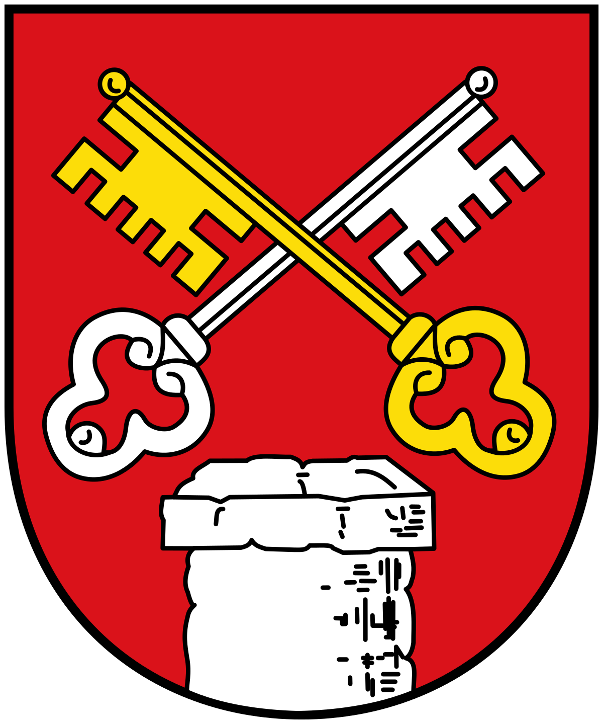 Das Wappen der Gemeinde Anthering zeigt einen Schornstein und zwei große, gekreuzte Schlüssel auf einem roten Hintergrund. Es wird im Jobfenster der Salzburger Online-Jobbörse Jobaktuell angezeigt.