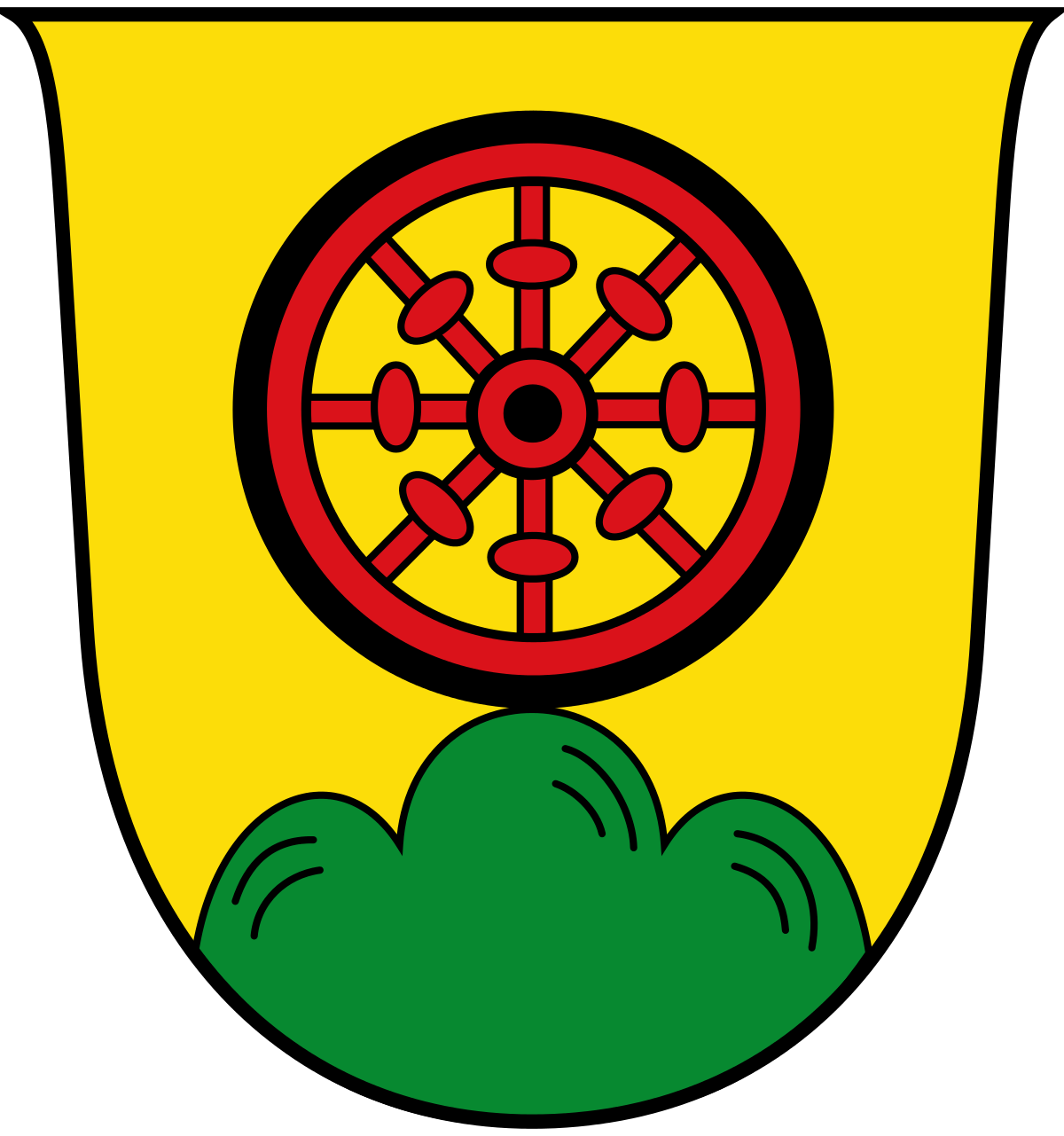 Das Wappen von Bergheim bei Salzburg ist ein grüner Hügel mit 3 Kuppen auf gelbem Untergrund. Ähnlich einem Siegerpodest bei Sportevents. Auf der mittleren Kuppe steht ein rotes Wagenrad.