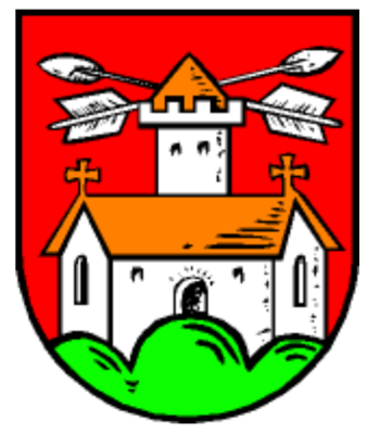 Zu sehen ist das Wappen der Gemeinde Hof bei Salzburg - ein größeres Gebäude mit einem Tum in der Mitte. Könnte eine Kirche sein. Zwei Pfeile sind am Turmdach so befestigt dass sie in alle Richtungen zeigen