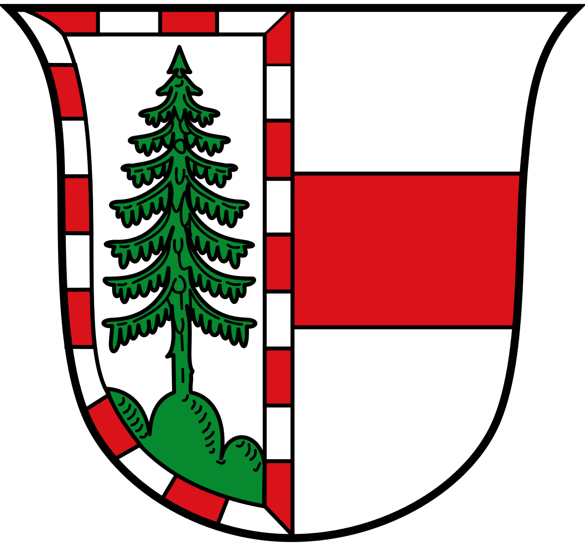 Das Wappen der Gemeinde Köstendorf bei Salzburg ist halbiert und zeigt auf der linken Seite einen großen grünen Nadelbaum auf weißem Grund. Die rechte Hälfte ist eine horizontale weiss-rot-weisse Flagge.