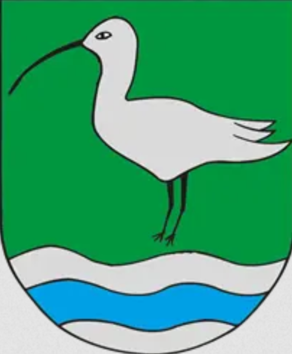 Das Wappen von Oberhofen am Irrsee zeigt einen grauen Brachvogel auf grünem Hintergrund. Es wird auf dem Jobfenster der Gemeinde auf der regionalen Online-Jobbörse Jobaktuell angezeigt.