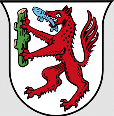 Die Gemeinde von Obertrum hat ein Wappen mit einem roten Riesenhund drauf. Das zeigt das Bild. Der Kontext ist: Jobaktuell Gemeinde-Jobfenster