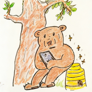 Handzeichnung im Kinderbuchstil eines Bären der im Wald auf einem Bienenstock sitzt und in sein Mobiltelefon vertieft ist